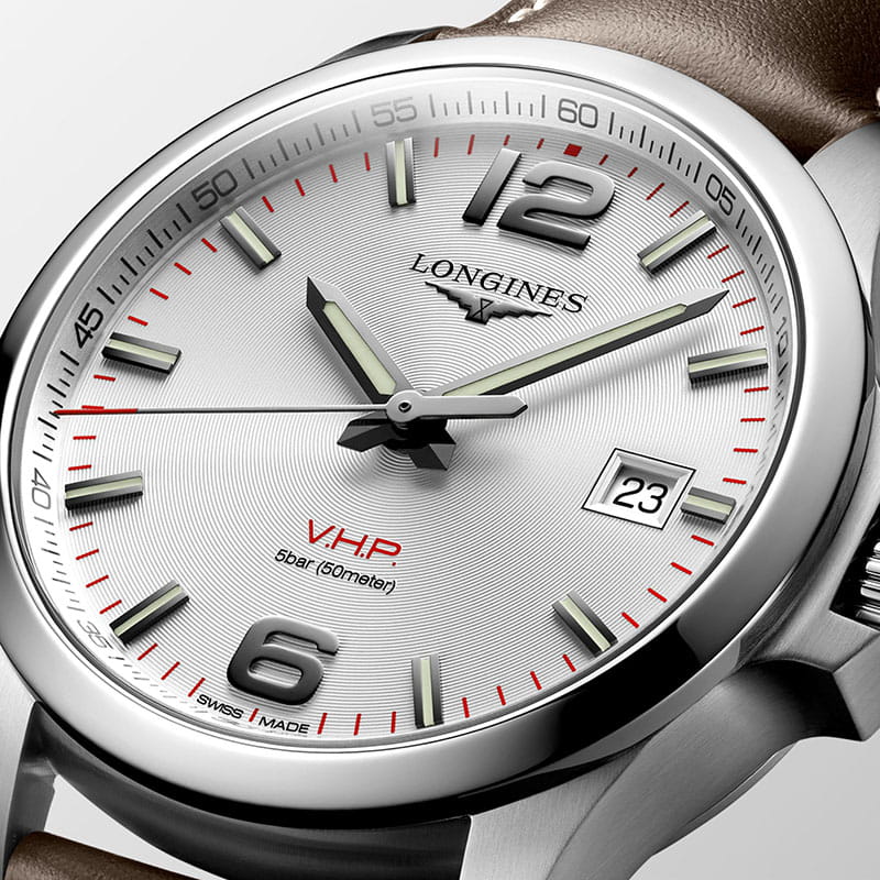 Longines Longines Conquest V.H.P. L3.726.4.76.5 , conquest v.h.p. швейцария мужские часы на браслете кожаный боковой вид