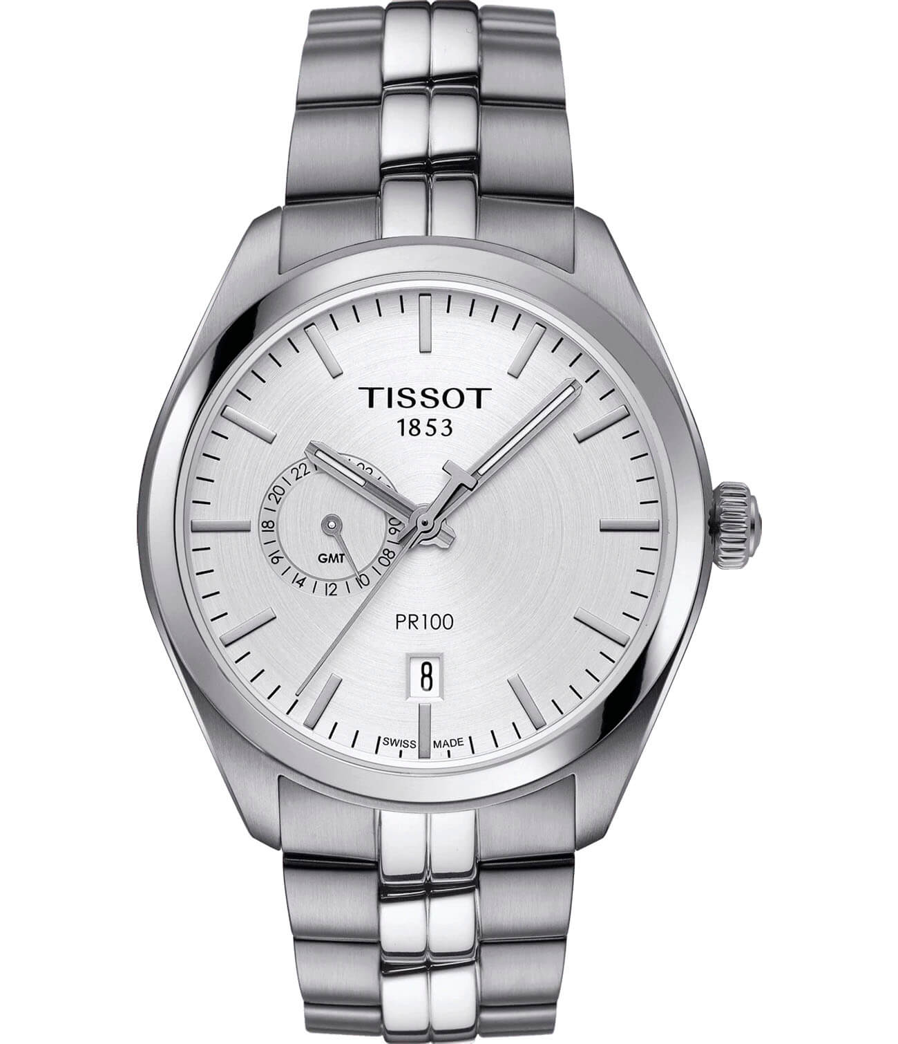 Tissot Tissot PR 100 Dual Time T101.452.11.031.00 PR 100 T1014521103100 кварцевые мужские часы белый циферблат, браслет нержавеющая сталь — вид спереди