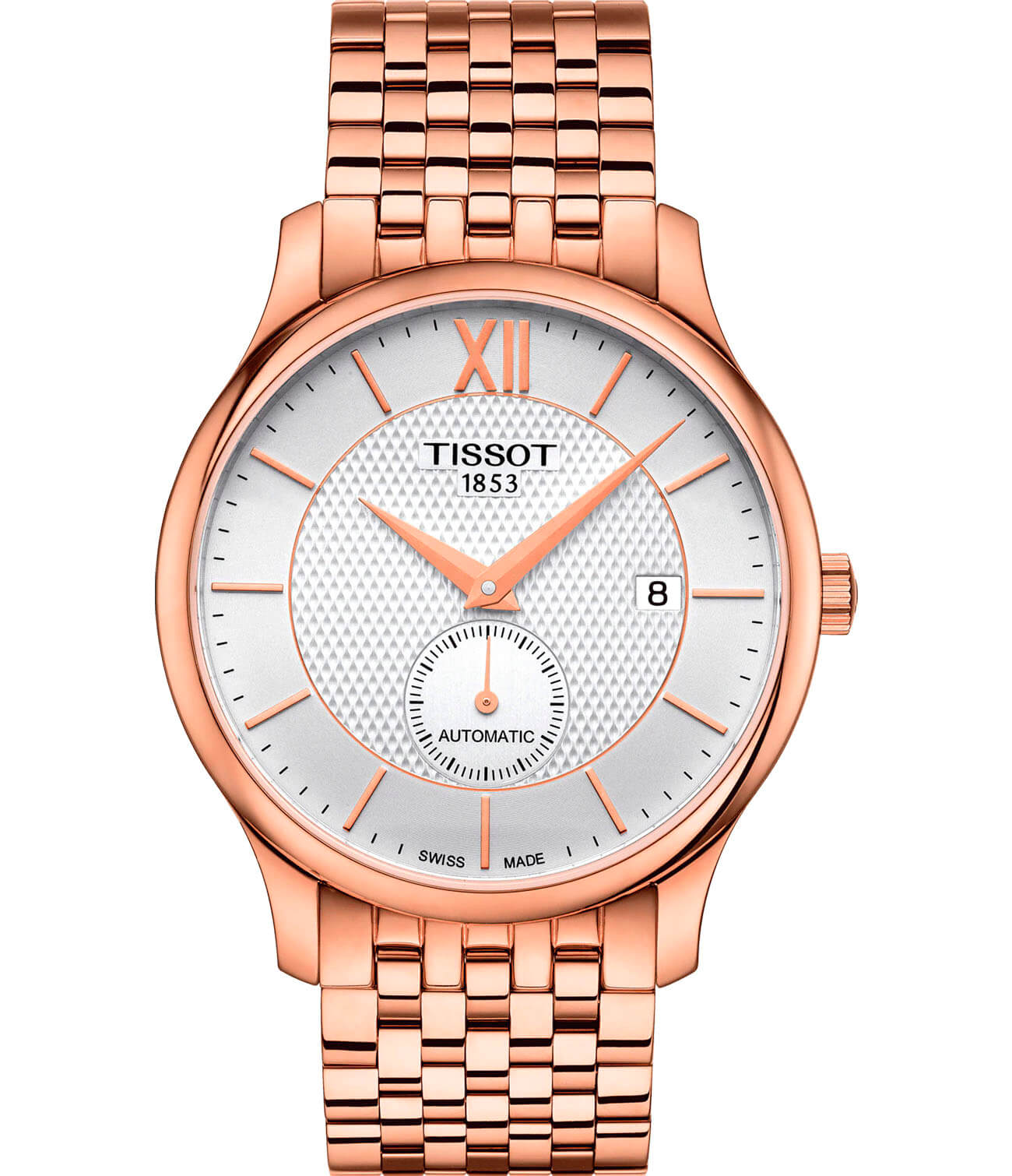 Tissot Tissot Tradition Automatic Small Second T063.428.33.038.00 Tradition T0634283303800 механические мужские часы белый циферблат, браслет сталь c pvd покрытием — вид спереди
