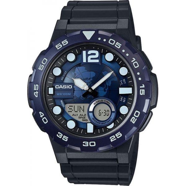 Casio Casio Illuminator AEQ-100W-2A  AEQ-100W-2A кварцевые мужские часы синий циферблат, браслет пластик — вид спереди