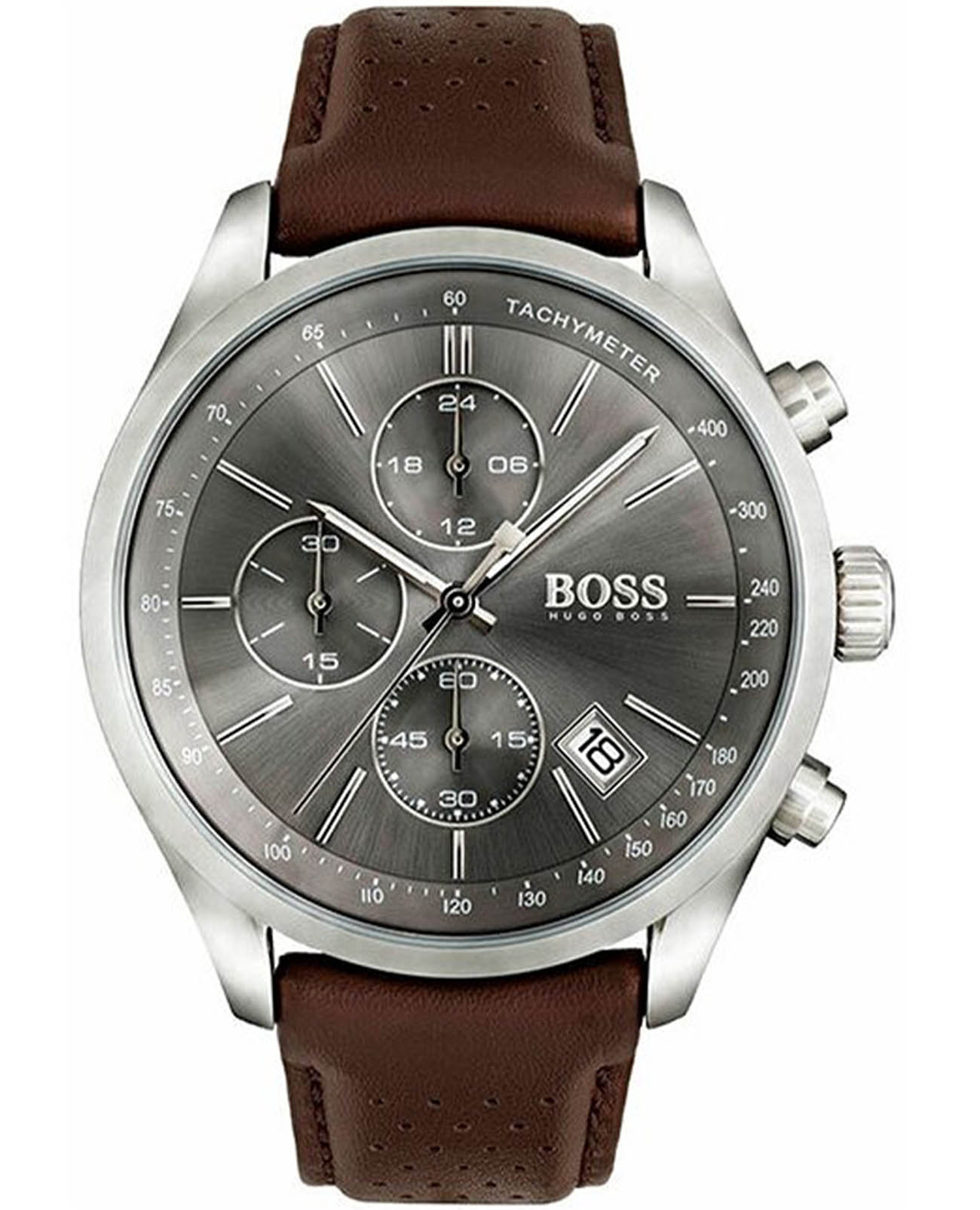 Hugo Boss Hugo Boss Grand Prix HB1513476  HB1513476 кварцевые мужские часы серый циферблат, браслет кожаный — вид спереди
