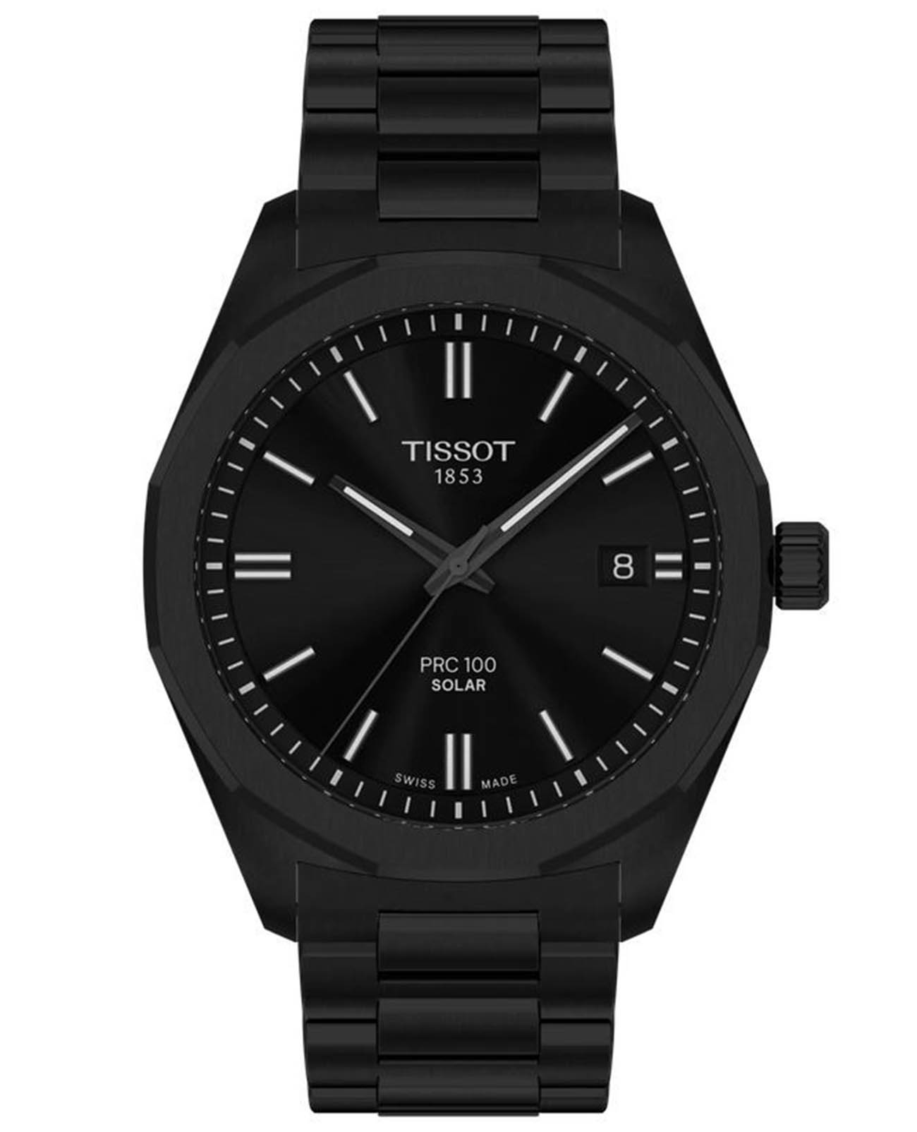 Tissot Tissot PRC 100 Solar Quartz 39mm T151.422.33.051.00 PRC 100 Solar T1514223305100 кварцевые мужские часы черный циферблат, браслет нержавеющая сталь с pvd-покрытием — вид спереди