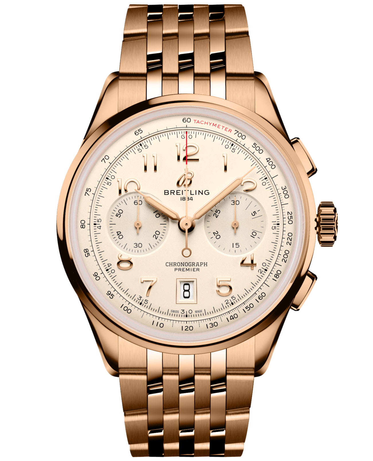 Breitling Breitling Premier B01 Chronograph 42 RB0145371G1R1  RB0145371G1R1 механические мужские часы шампань циферблат, браслет 18-каратное красное золото — вид спереди