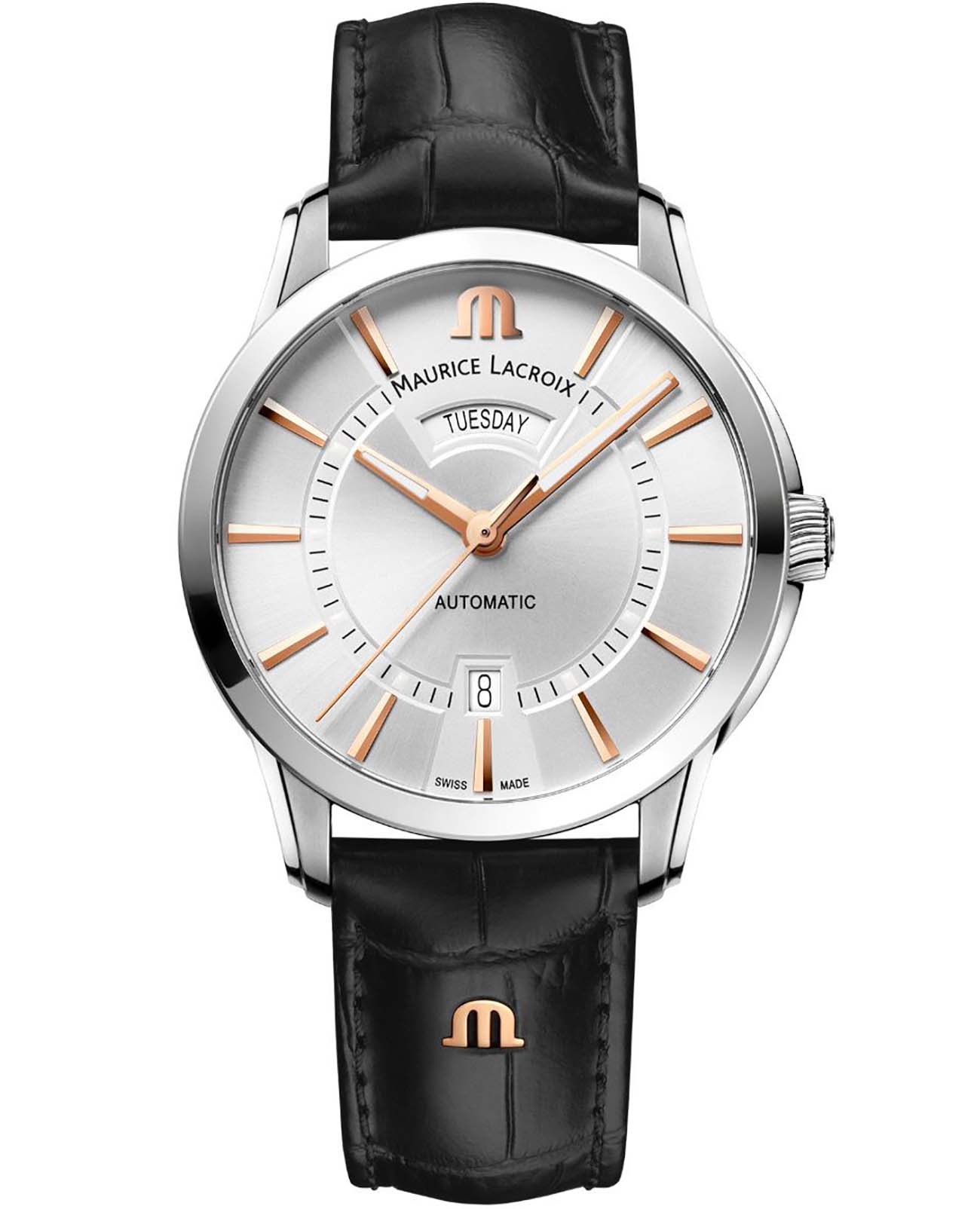 Maurice Lacroix Maurice Lacroix Pontos Day Date PT6358-SS001-23E-2  PT6358-SS001-23E-2 механические мужские часы серебристый циферблат, браслет кожаный — вид спереди