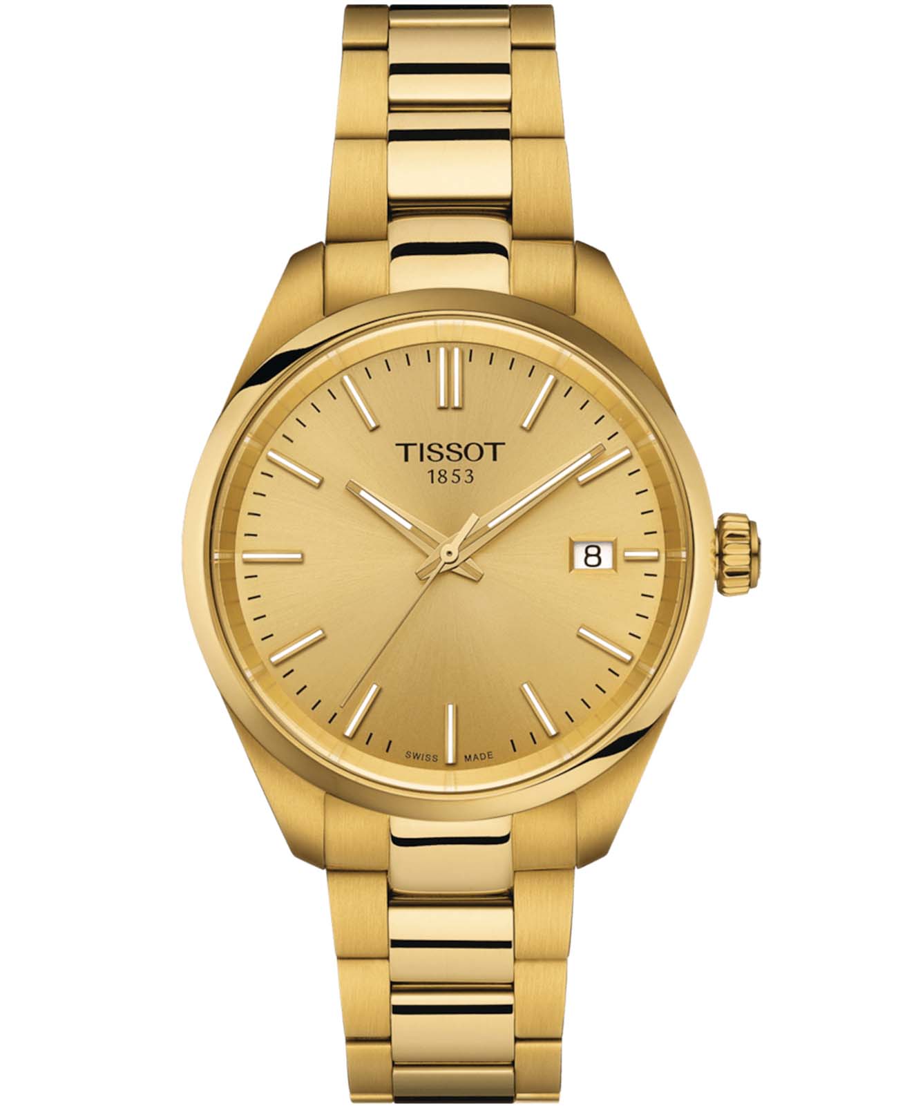Tissot Tissot PR 100 T150.210.33.021.00 PR 100 T1502103302100 кварцевые женские часы золотой циферблат, браслет нержавеющая сталь с pvd-покрытием — вид спереди