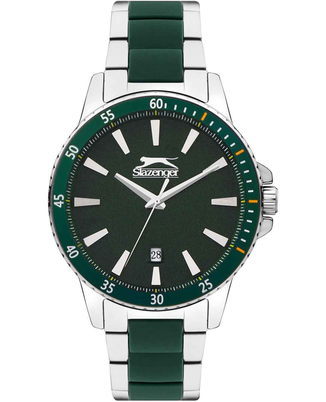 Slazenger Slazenger SL.09.2219.1.04  SL.09.2219.1.04 кварцевые мужские часы зеленый циферблат, браслет сталь + силикон — вид спереди