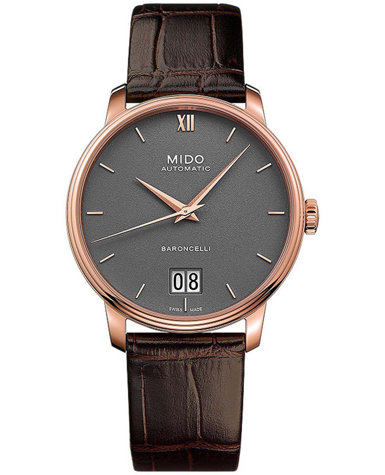 Mido Mido Baroncelli M027.426.36.088.00  M0274263608800 механические мужские часы серый циферблат, браслет кожаный — вид спереди