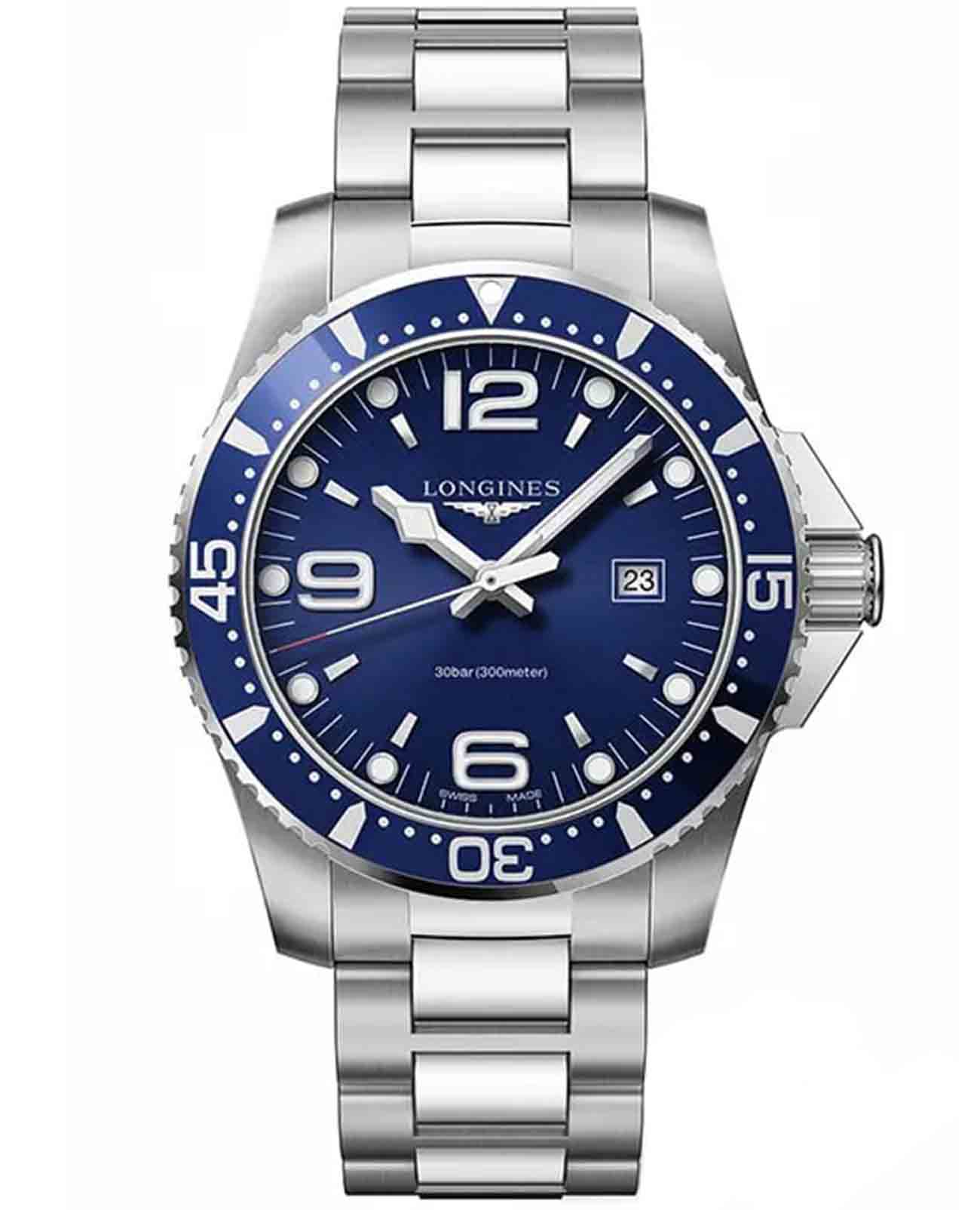 Longines Longines HydroConquest L3.840.4.96.6  L38404966 кварцевые мужские часы синий циферблат, браслет нержавеющая сталь — вид спереди