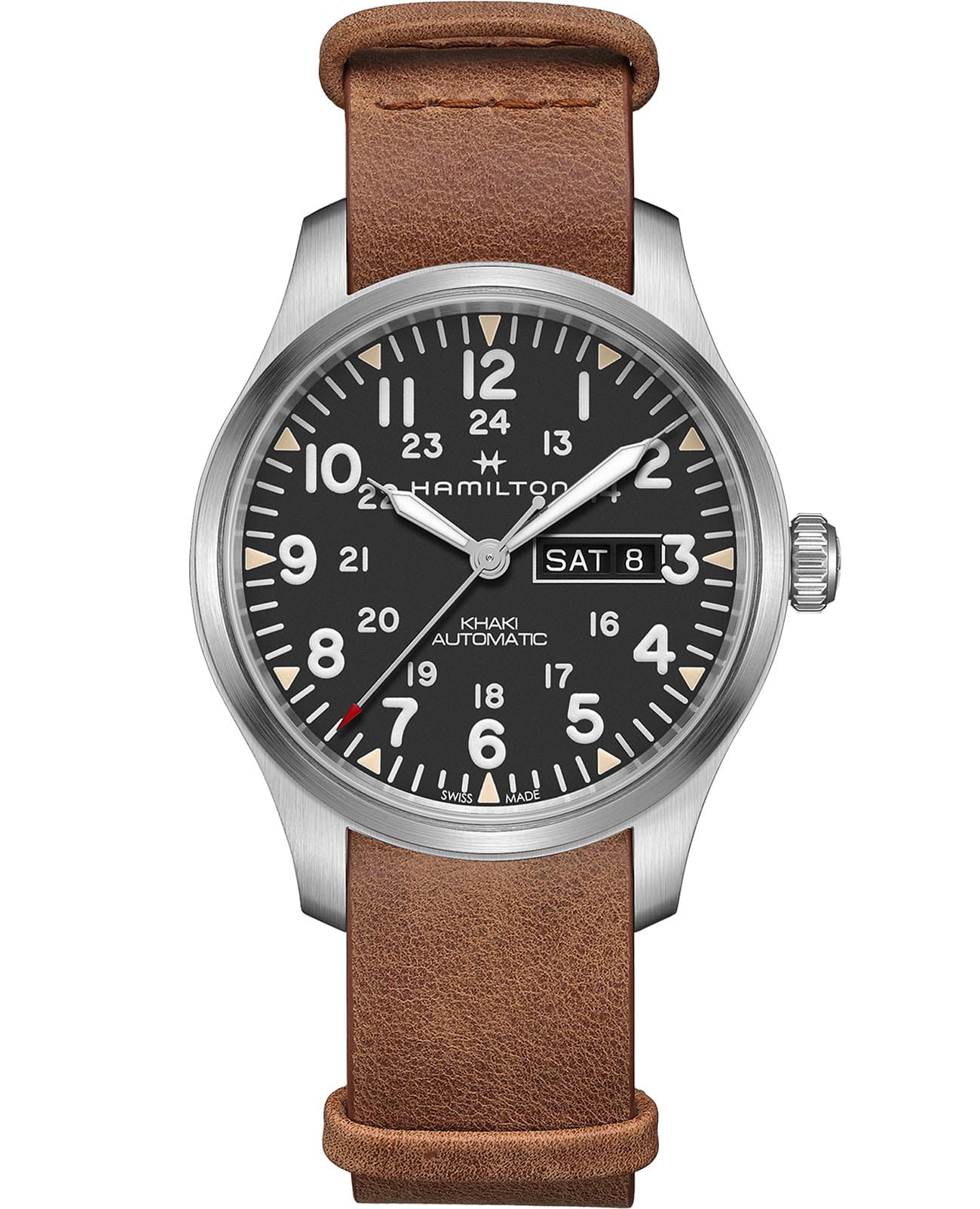Hamilton Hamilton Khaki Field Day Date Auto H70535531  H70535531 механические мужские часы серый циферблат, браслет кожаный — вид спереди